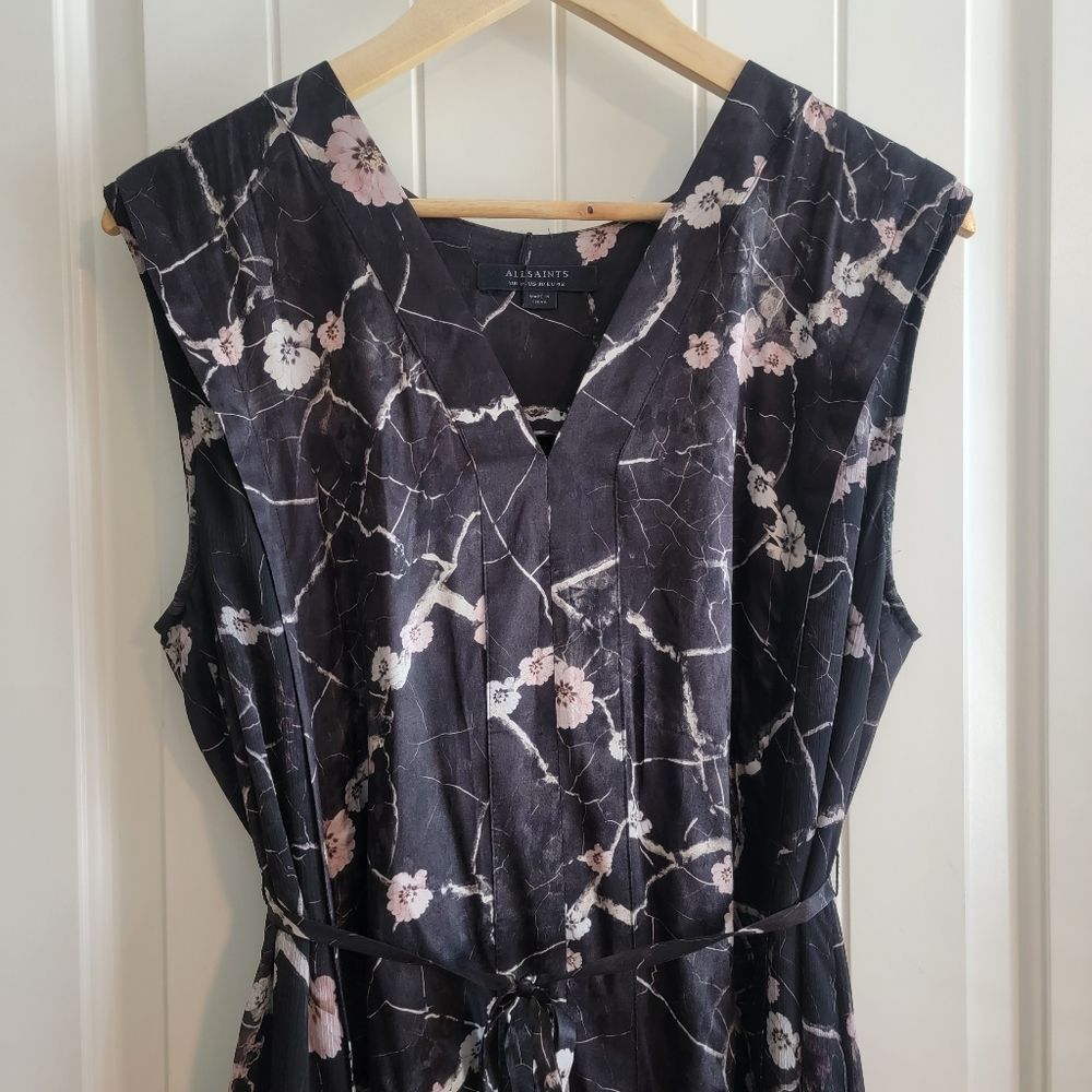 AllSaints Kariian Hope Silk Blend Midi Dress Gray Pink Floral Size 10 - Picture 2 of 6